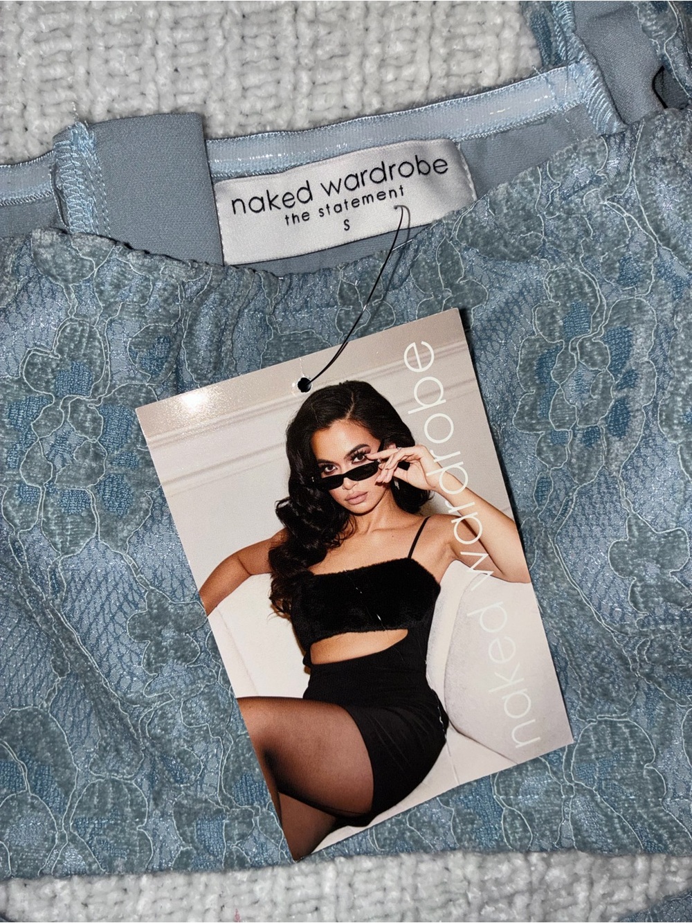 🆕 NWT Naked Wardrobe Long Sleeve Lace Puff Sleeve Crop Top Blue - Picture 5 of 5